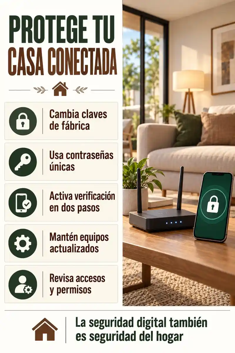 Seguridad digital en domótica con contraseñas únicas, verificación en dos pasos, actualizaciones y revisión de permisos