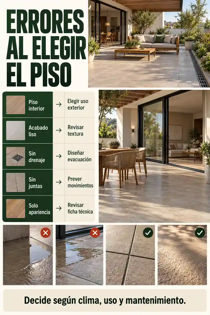 Errores al comprar e instalar pisos exteriores y soluciones de textura, drenaje, juntas y exposición solar