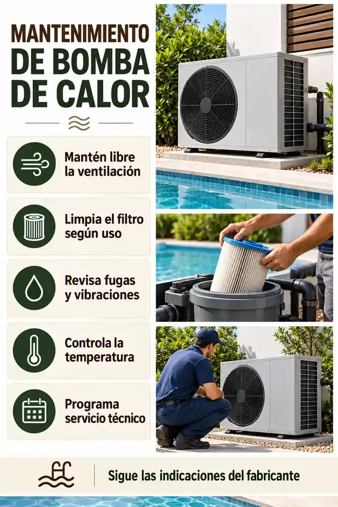 Mantenimiento de bomba de calor: ventilación, filtro, fugas, temperatura y servicio técnico
