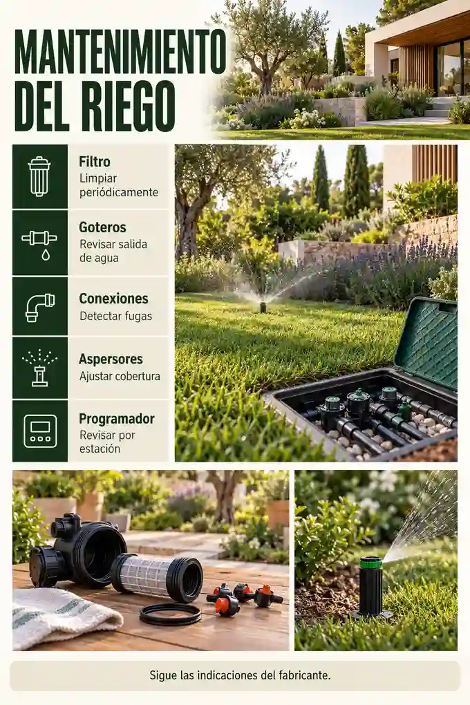 Tareas de mantenimiento de filtros, goteros, aspersores, fugas y programadores