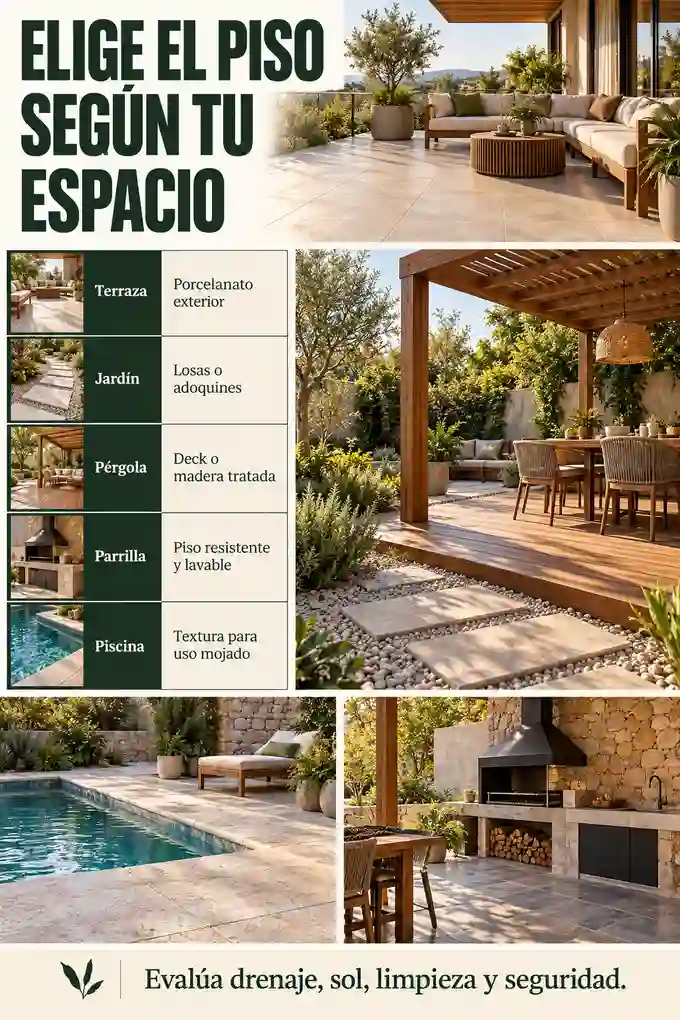 Materiales de piso según terraza, jardín, pérgola, piscina y zona de parrilla
