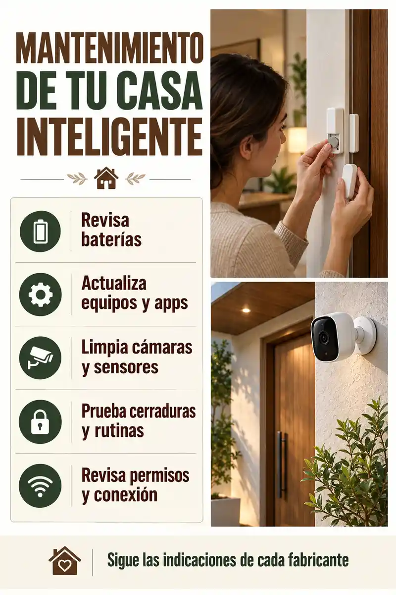 Mantenimiento domótico: revisar baterías, actualizar, limpiar sensores y probar cerraduras y rutinas