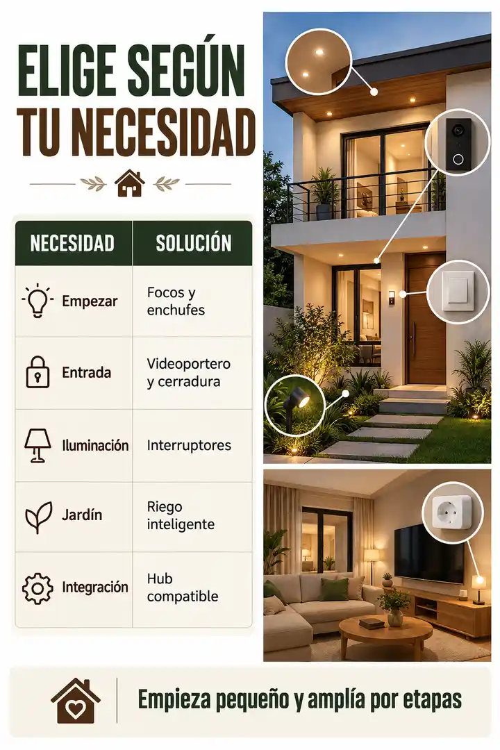 Selección de dispositivos domóticos según necesidades de iluminación, acceso, jardín e integración