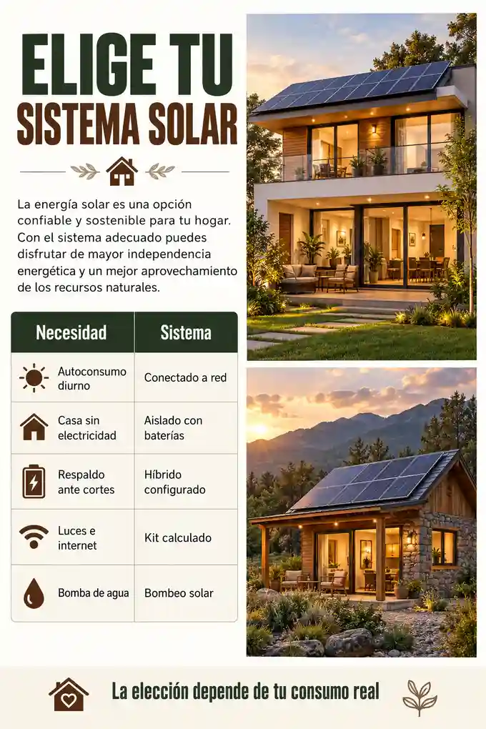 Sistema solar recomendado según autoconsumo, vivienda sin red, respaldo, equipos básicos y bombeo