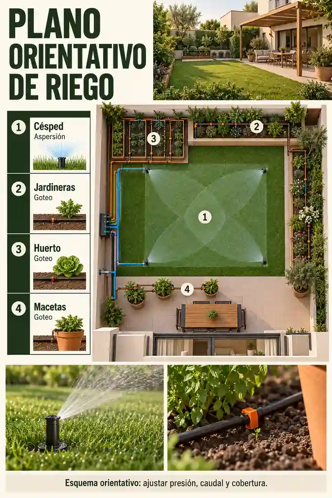 Plano de jardín por zonas con césped, jardineras, huerto, macetas y punto de control