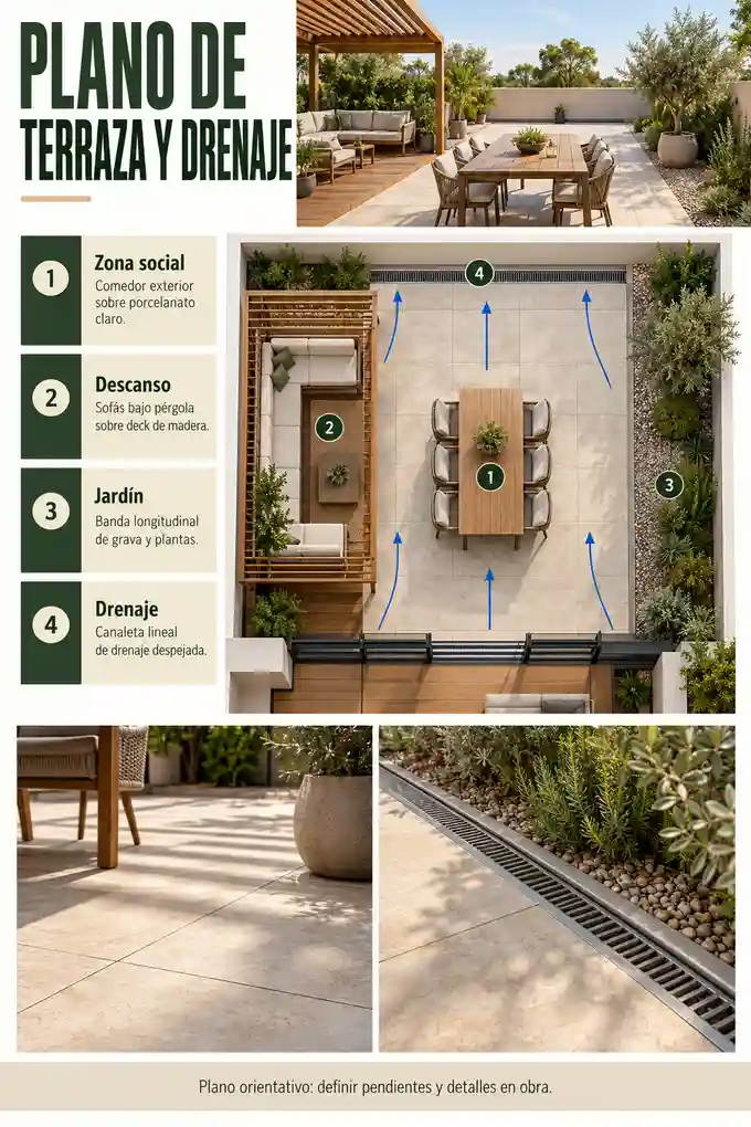 Plano orientativo de terraza con zona social, circulación, jardín y evacuación del agua