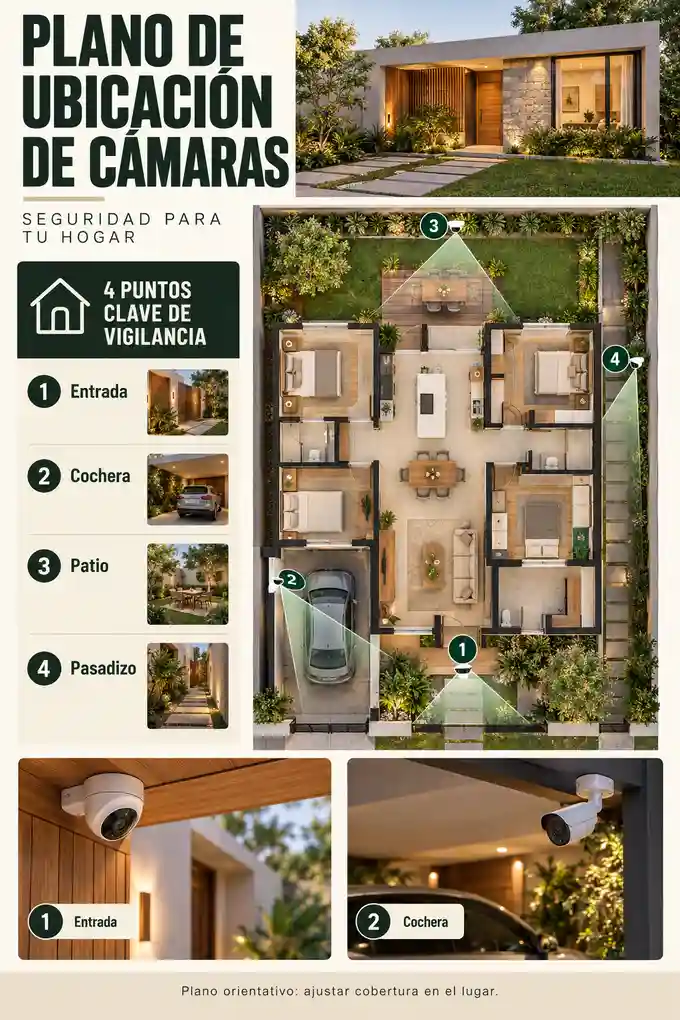 Plano orientativo de vivienda con cámaras en entrada, cochera, patio y pasadizo lateral